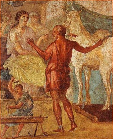 Dédale montrant la génisse de bois à Pasiphaé, fresque de la maison des Vettii de Pompéi.jpg